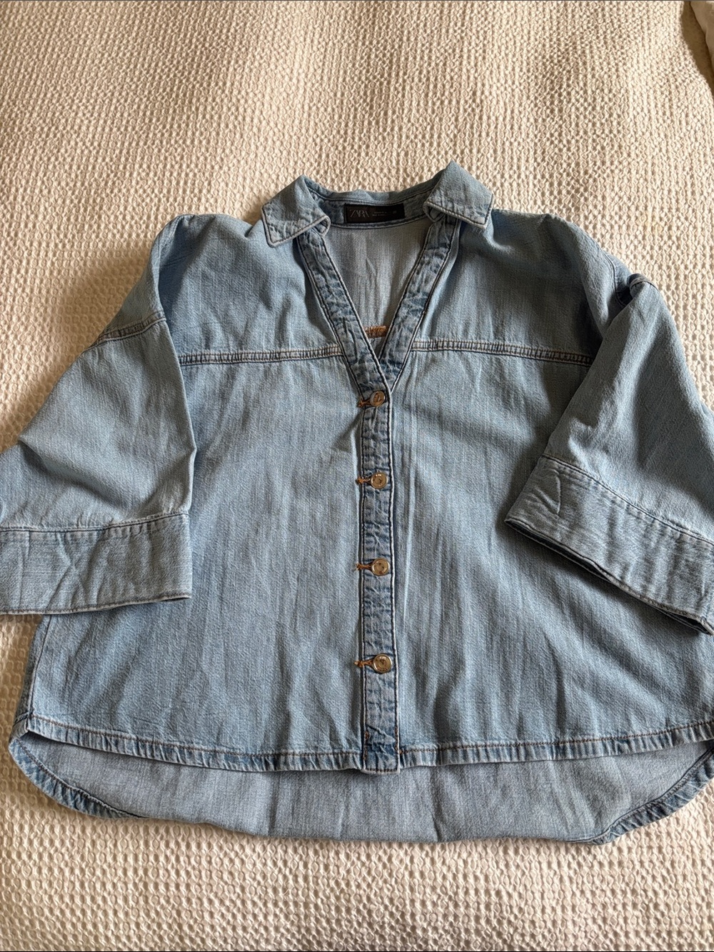 Zara Light Denim Button-Up Shirt Jacket - Light Blue